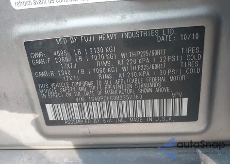 2011 Subaru Outback 3.6R Limited z USA, uszkodzony, nr VIN 4S4BRDLC0B2357760